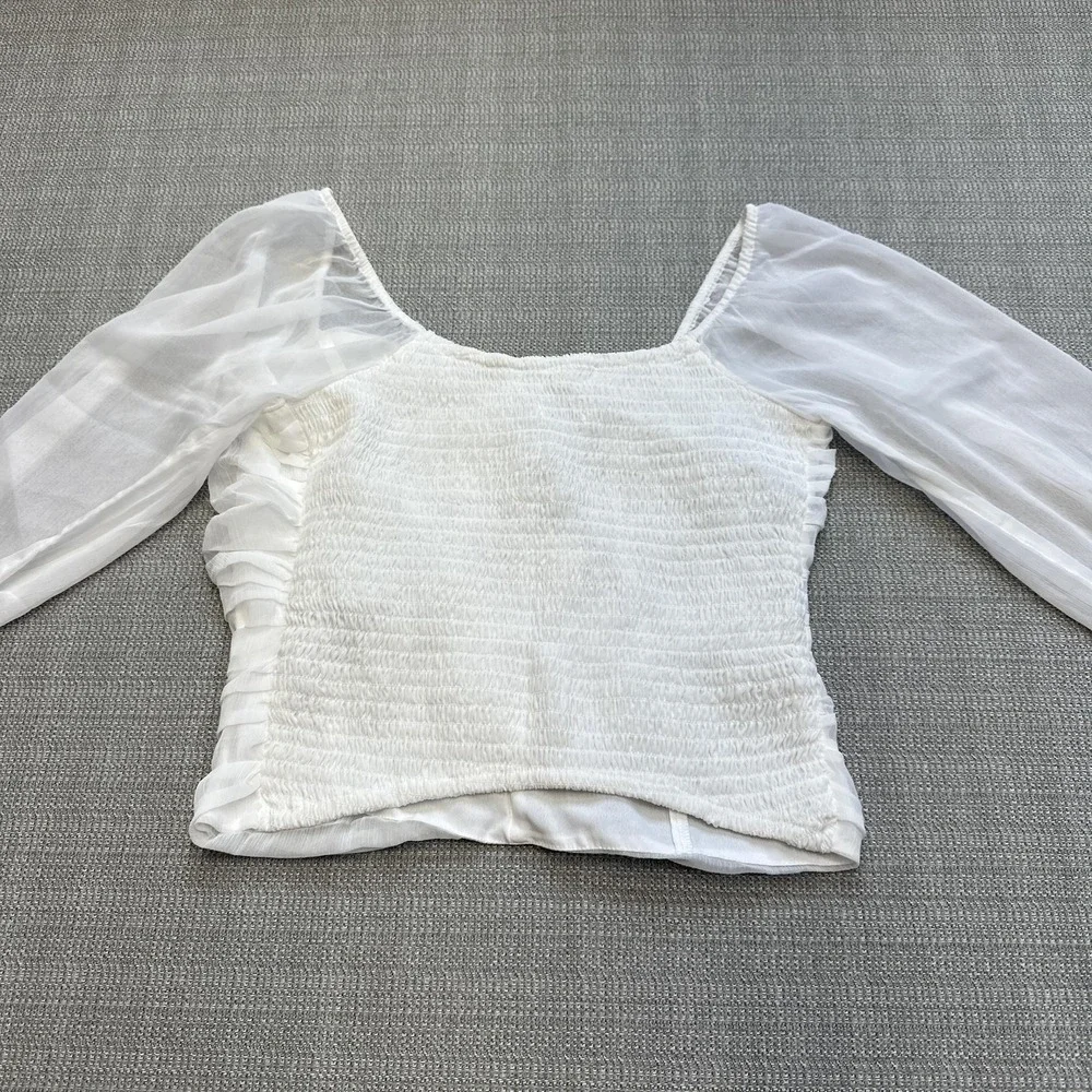Hollister Top Womens Small Sheer Long Sleeve Ruched Mesh‎ Blouse Smocked NWT - Picture 4 of 9